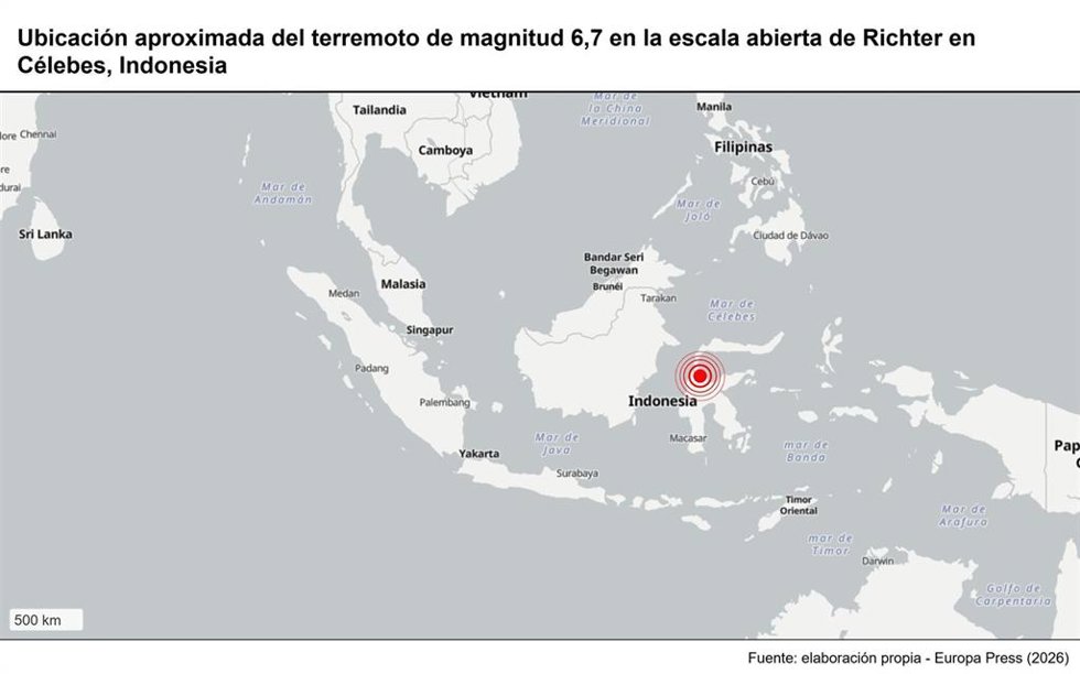 Archivo - Ubicación aproximada del terremoto de magnitud 6,7 en la escala abierta de Richter en Célebes, Indonesia