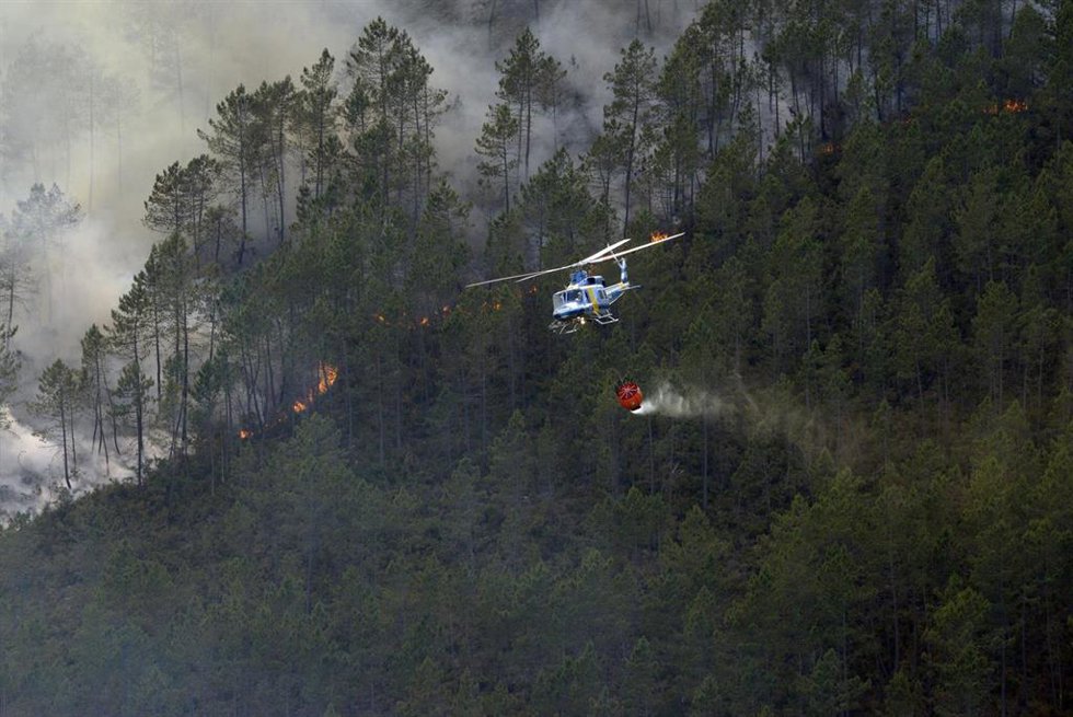 Labores de extinción de un incendio forestal, a 14 de junio de 2026, en Boborás, Ourense, Galicia (España). La Consellería de Medio Rural de la Xunta de Galicia ha informado de un incendio forestal activo que se inició a las 21.55 horas de ayer sábado y s