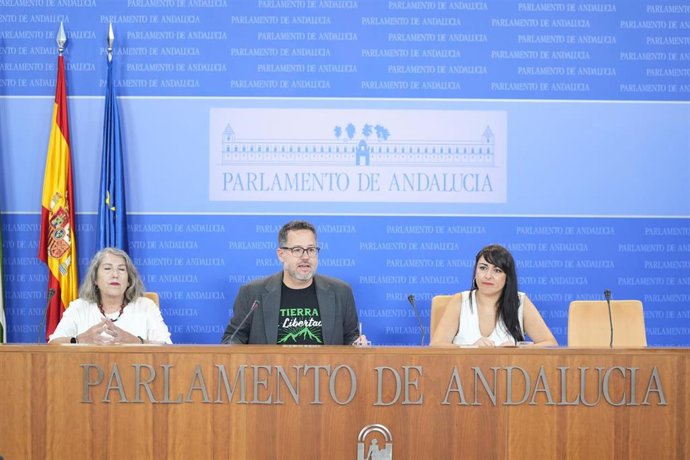 El portavoz de Adelante Andalucía, José Ignacio García, junto a las diputadas del grupo, Inmaculada Manzano  y María del Carmen García , durante la  rueda de prensa de los grupos parlamentarios en el Parlamento.