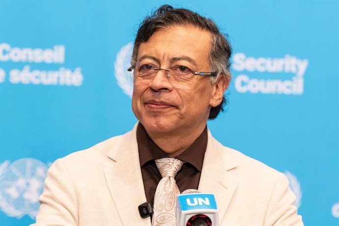 10 de junho de 2026, Nova York, Nova York, EUA: Gustavo Petro Urrego, presidente da República da Colômbia, fala à imprensa após a reunião do Conselho de Segurança sobre o tema “Promovendo soluções políticas no Oriente Médio: mediação e diálogo para uma pa