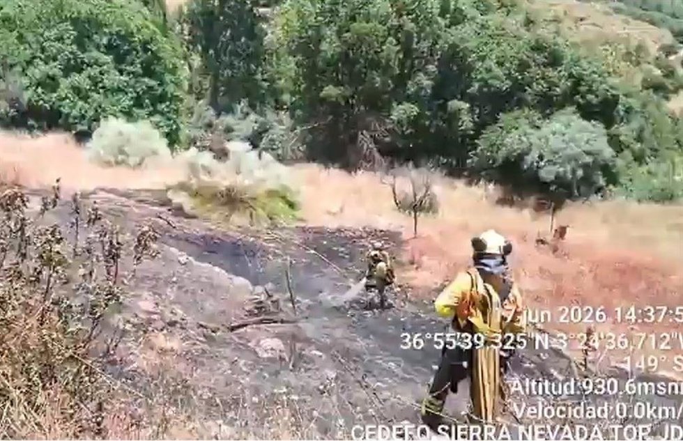Tareas de refresco en la zona afectada por un incendio forestal en Soportújar a 17 de junio de 2026.