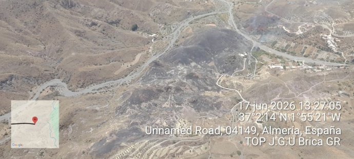 Vista aérea de la zona afectada por el incendio forestal declarado en el paraje El Saltador, en Carboneras (Almería), tras ser estabilizado por el Plan Infoca.