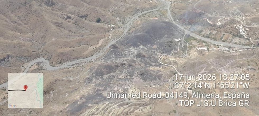 Vista aérea de la zona afectada por el incendio forestal declarado en el paraje El Saltador, en Carboneras (Almería), tras ser estabilizado por el Plan Infoca.