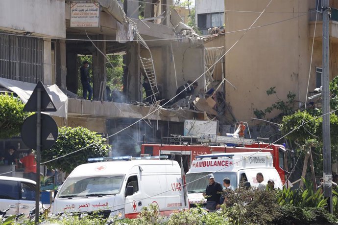 June 14, 2026, Souhen Suberbs Of Beirut, Beirut, lebanon: Emergency teams continued search and rescue operations following an Israeli airstrike on the Ghobeiry area in Beirut's southern suburbs. According to updated preliminary figures, the strike killed 