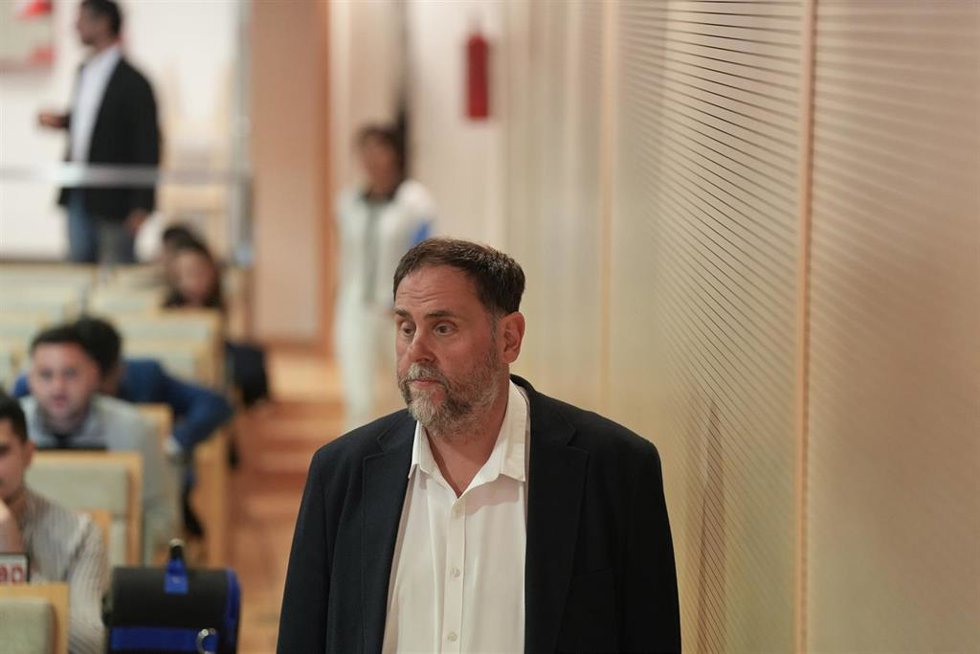 El líder de ERC, Oriol Junqueras, durante una rueda de prensa en la sede de ERC en mayo de 2026.
