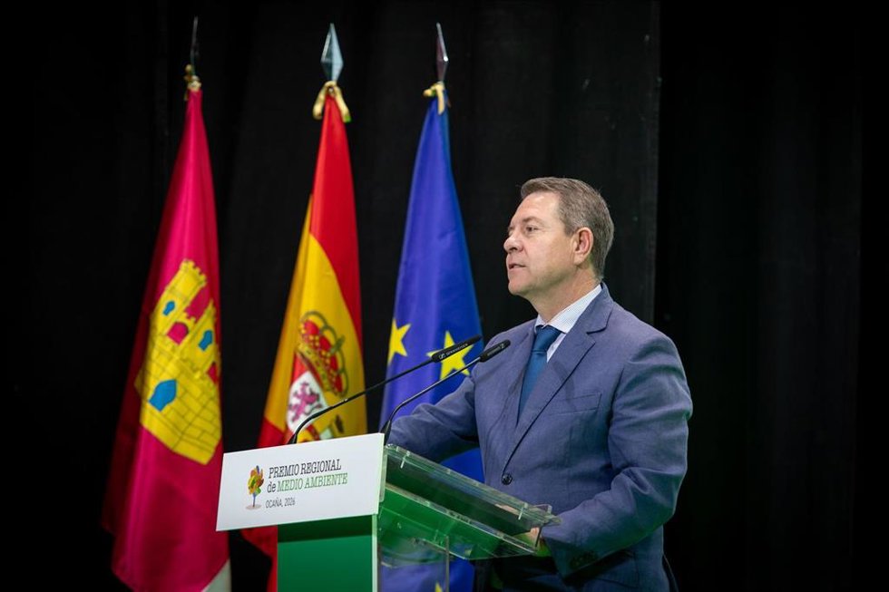 El presidente de Castilla-La Mancha, Emiliano García-Page, en la gala de entrega de Premios de Medio Ambiente de Castilla-La Mancha en Ocaña.