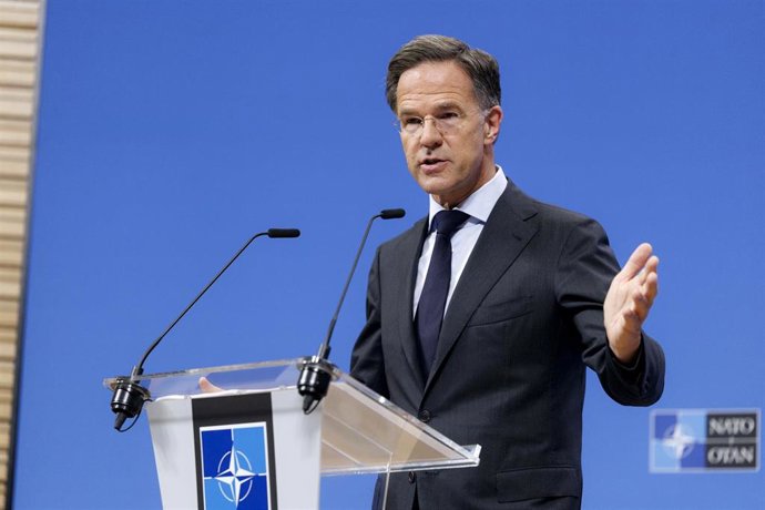 El secretario general de la OTAN, Mark Rutte, durante una rueda de prensa antres de la reunión de ministros de Defensa de la OTAN que tendrá lugar este jueves Bruselas.