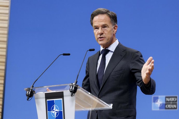 El secretario general de la OTAN, Mark Rutte, durante una rueda de prensa antres de la reunión de ministros de Defensa de la OTAN que tendrá lugar este jueves Bruselas.
