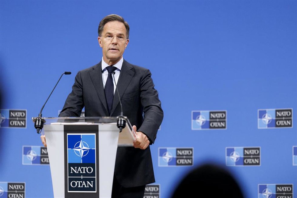 El secretario general de la OTAN, Mark Rutte, durante una rueda de prensa antres de la reunión de ministros de Defensa de la OTAN que tendrá lugar este jueves Bruselas.