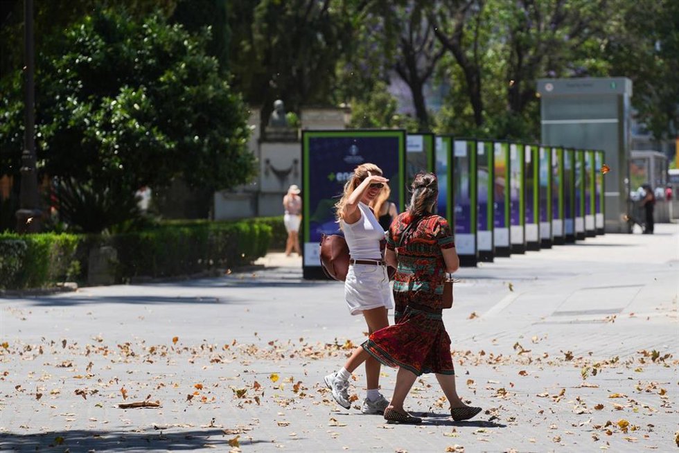 Turistas se protegen del calor por las calles de Sevilla. A 27 de mayo de 2026 en Sevilla, Andalucía (España).