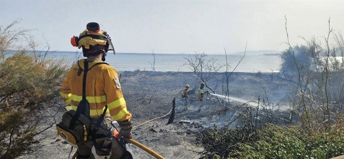 Bomberos trabajando en el incendio frente a la urbanización de San Ginés, en La Azohía (Cartagena)