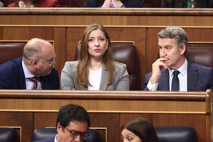 Archivo - la portavoz del PP en el Congreso, Ester Muñoz,  entre el secretario general , Miguel Tellado, y  el presidente del partido, Alberto Núñez Feijóo, durante una sesión de control al Gobierno,