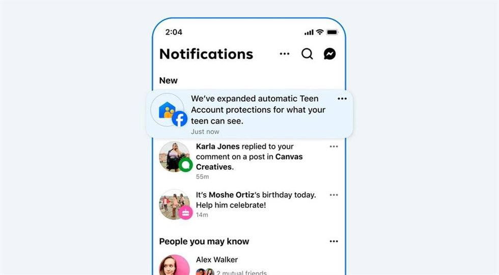 Imagen de la notificación de cuentas de adolescentes de Facebook