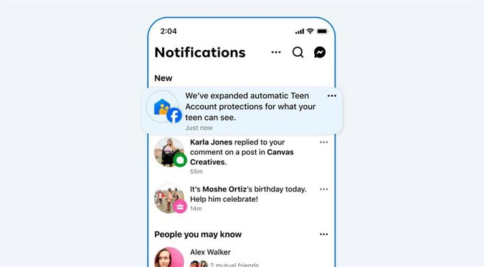 Imagem da notificação sobre contas de adolescentes no Facebook