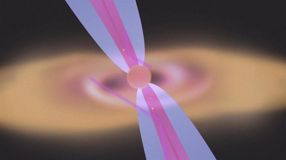 Representación artística de una protoestrella luminosa en rayos gamma (Gamma-Loud Protostar)
