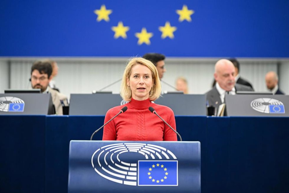 La Alta Representante de la Unión Europea para la Política Exterior, Kaja Kallas, en una intervención en el pleno del Parlamento Europeo en Estrasburgo (Francia)