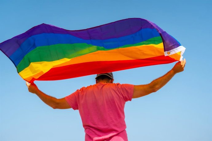 Archivo - Arquivo - Um jovem gay agitando a bandeira LGBT ao ar livre, um símbolo da homossexualidade