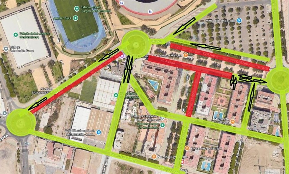 Plano de los cortes y recorridos alternativos previstos en el entorno del UD Almería Stadium por el partido entre la UD Almería y el Málaga CF.