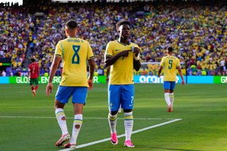 Vinicius Junior of Brazil celebrates a goal during the FIFA World Cup 2026 Group C match between Brazil and Morocco at New York New Jersey Stadium on June 13, 2026 in East Rutherford, New Jersey.