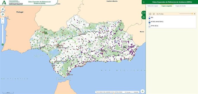 Visor Web del DERA mostrando estaciones depuradoras de aguas residuales (EDAR)