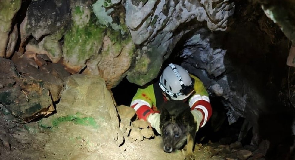 Rescate de un perro caído en una sima de una cueva de Pechón (Val de San Vicente)