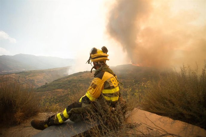Archivo - Un bombero observa el incendio forestal, a 24 de agosto de 2025, en La Baña, Encinedo, La Cabrera, León, Castilla y León (España). La evolución del incendio forestal procedente de Porto (Zamora) ha sido “favorable” durante la noche, aunque se ha