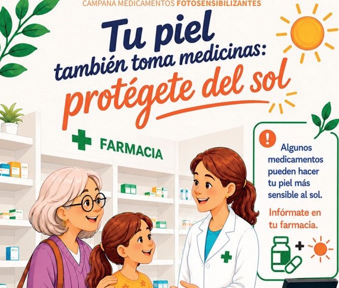 Cartel de la campaña del Consejo de Colegios Profesionales de Farmacéuticos de Castilla y León para prevenir reacciones solares por medicamentos.