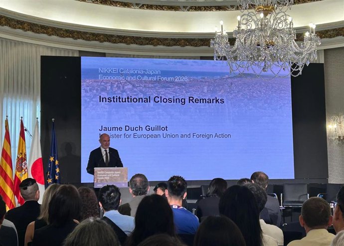 El conseller de Unión Europea y Acción Exterior, Jaume Duch, durante el Fòrum Econòmic i Cultural Catalunya-Japó de Nikkei, en el Palau de Pedralbes de Barcelona