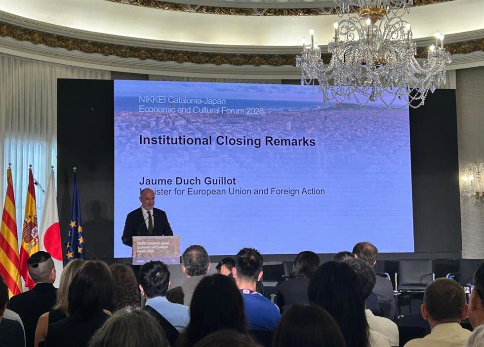 El conseller de Unión Europea y Acción Exterior, Jaume Duch, durante el Fòrum Econòmic i Cultural Catalunya-Japó de Nikkei, en el Palau de Pedralbes de Barcelona