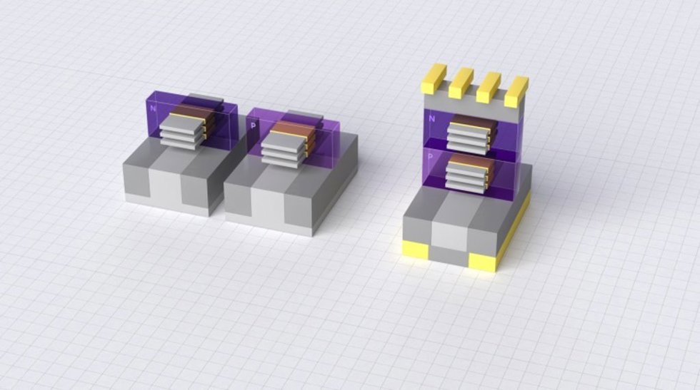 Representación de transistors organizados en GAA y en FET apilados en 3D