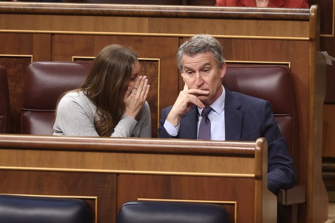 Archivo - El presidente del Partido Popular, Alberto Núñez Feijóo, y la portavoz del PP en el Congreso, Ester Muñoz, durante una sesión plenaria, en el Congreso de los Diputados, a 26 de marzo de 2026, en Madrid (España). El Congreso celebra hoy un pleno 