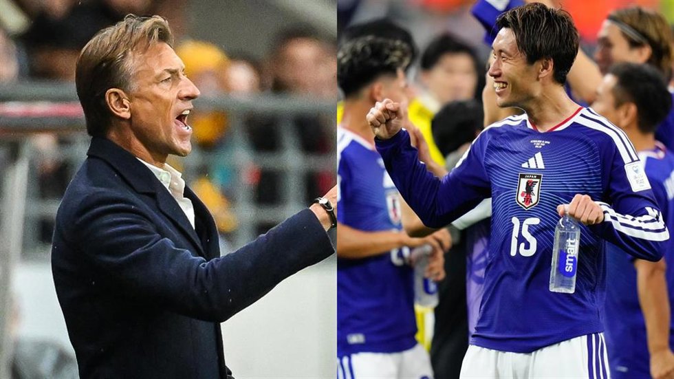 El seleccionador de Túnez, Hervé Renard (izquierda), y el futbolista japonés Daichi Kamada.