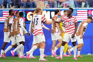 Folarin Balogun of USA celebrates a goal with teammates during the FIFA World Cup 2026 Group D match between USA and Paraguay at Los Angeles Stadium on June 12, 2026 in Los Angeles, California.