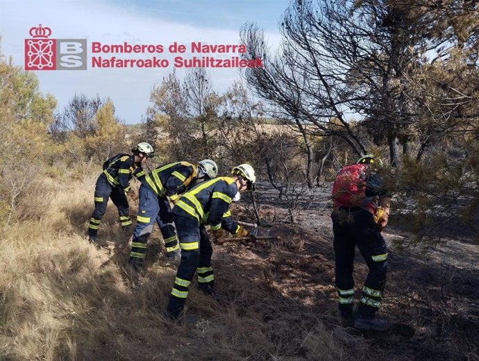 Efectivos de bomberos trabajan en el perímetro del incendio de Caparroso.