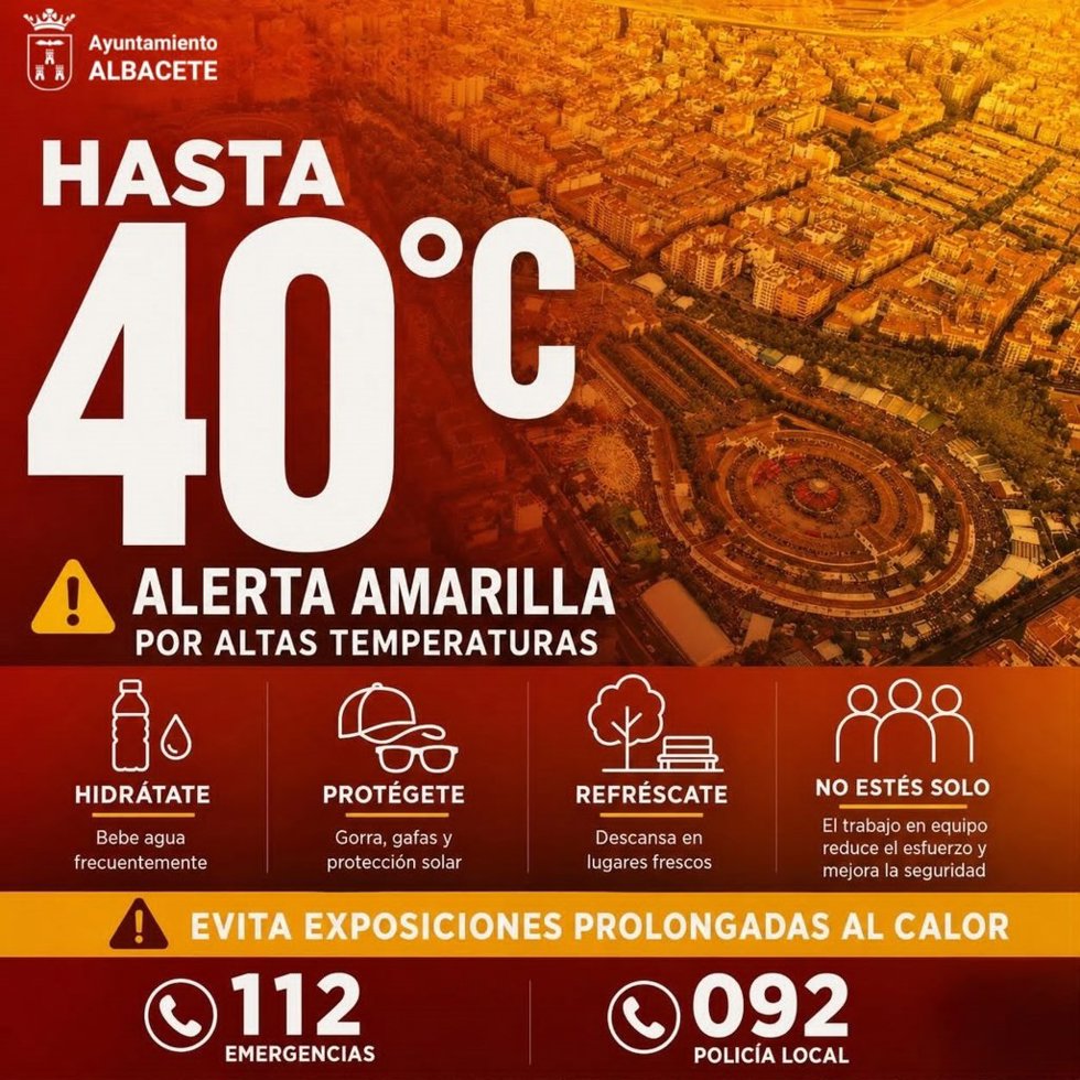 Cartel de alerta por altas temperaturas del Ayuntamiento de Albacete.