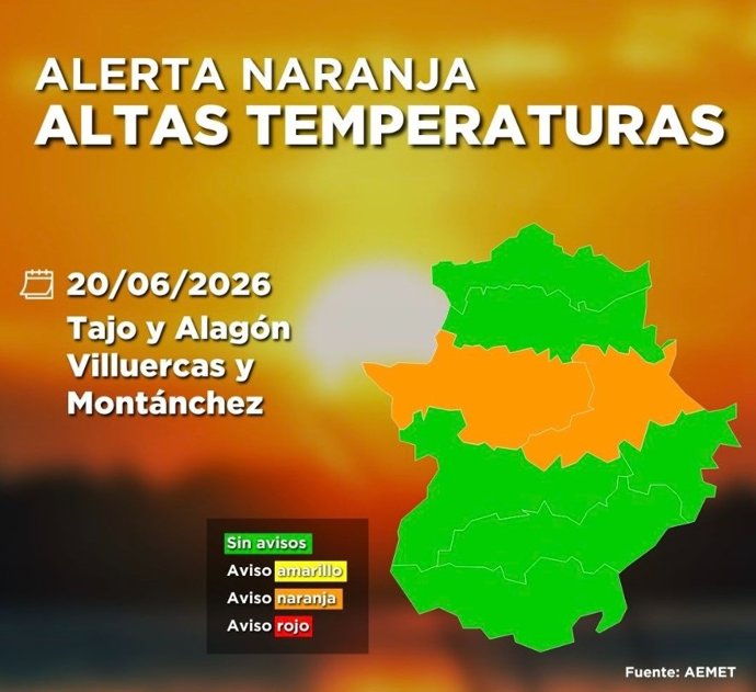 Aviso naranja por altas temperaturas en Tajo y Alagón y Villuercas y Montánchez (Cáceres), a 20 de junio de 2026.