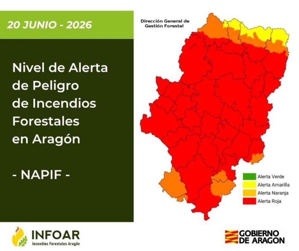 Nivel de Alerta por Peligro de Incendios Forestales en Aragón para este 20 de junio de 2026.