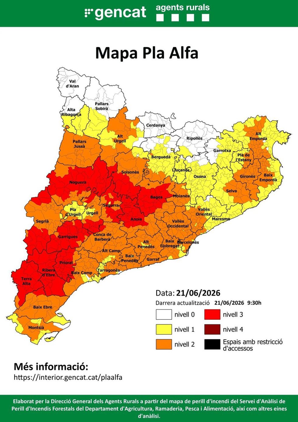 Mapa del plan Alfa de avisos por incendio en Catalunya