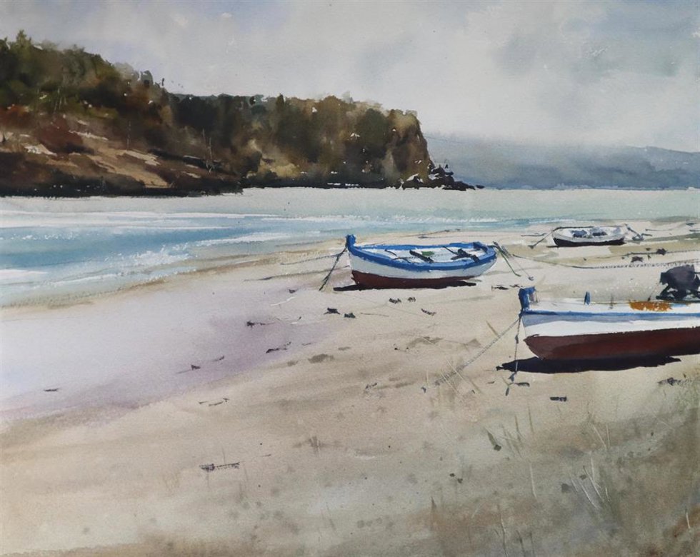 La acuarela titulada 'La playa', obra de Juan Lhara, acompaña la entrega de junio de 'Tres autores, 3 poemas'.