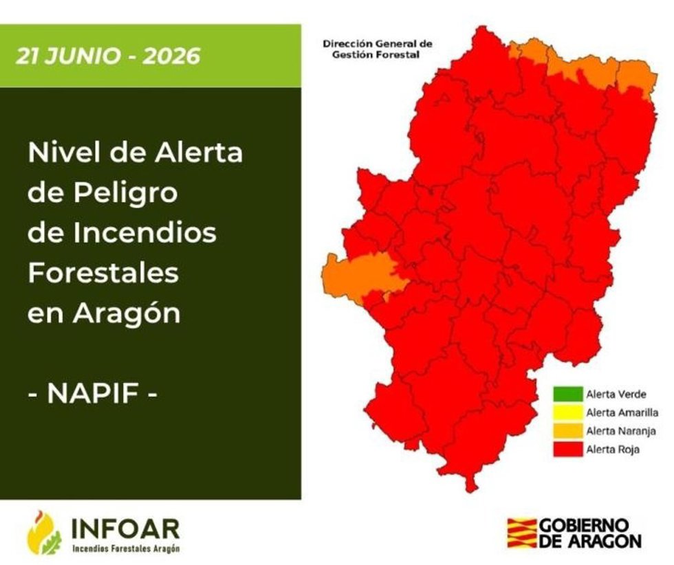 Mapa sobre el riesgo de incendios para este domingo en Aragón.