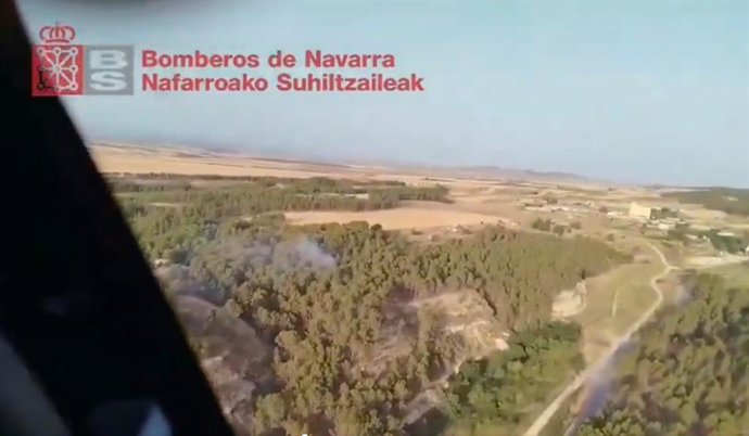 Los bomberos trabajan en la extinción de un incendio forestal en Lerín