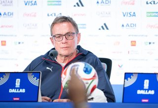 21 June 2026, US, Dallas: Austria head coach Ralf Rangnick attends a press conference at Dallas Stadium, ahead of the 2026 FIFA World Cup Group J soccer match against Argentina. Photo: Georg Hochmuth/APA/dpa