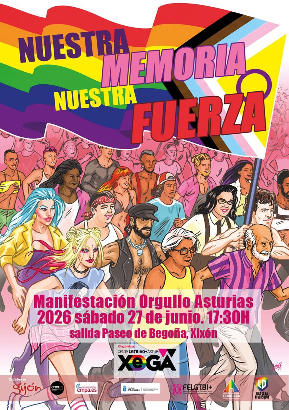 Cartel de la manifestación por motivo del Orgullo, convocada por la Asociación asturiana LGTBIAQ+ (Xega) en Gijón.