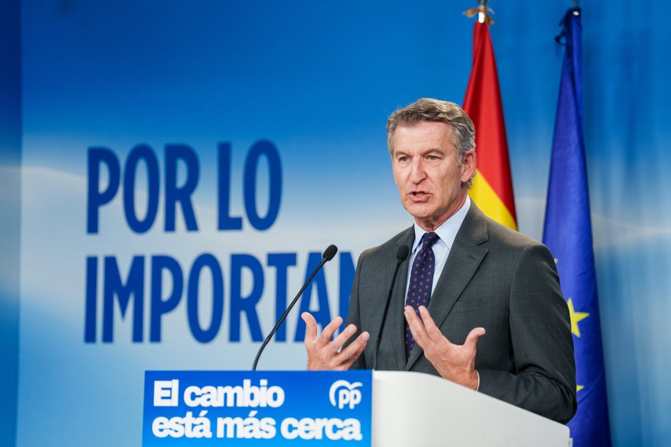 El presidente del Partido Popular, Alberto Núñez Feijóo, durante una rueda de prensa, en la sede del PP, a 22 de junio de 2026, en Madrid (España).