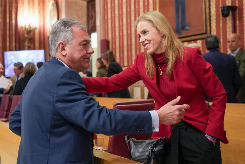 Archivo - El alcalde de Sevilla, José Luis Sanz  saluda a la concejal de Vox en Sevilla, Cristina Peláez. Imagen de archivo.