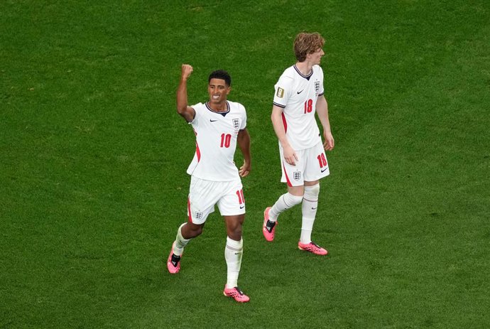 17 June 2026, US, Arlington: England's Jude Bellingham celebrates scoring his sides third goal during the 2026 FIFA World Cup Group L soccer match between England and Croatia at Dallas Stadium. Photo: Martin Rickett/PA Wire/dpa