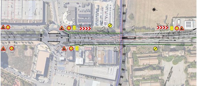 Mapa del corte parcial de tráfico en la avenida de Jerez a causa de las obras del nuevo acceso ferroviario al Puerto de Sevilla.