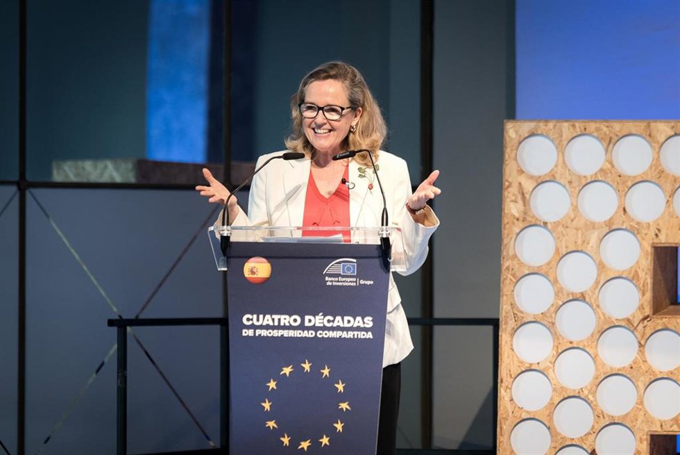 La presidenta del BEI, Nadia Calviño, durante la jornada ‘El Grupo BEI en España: cuatro décadas de prosperidad compartida’.