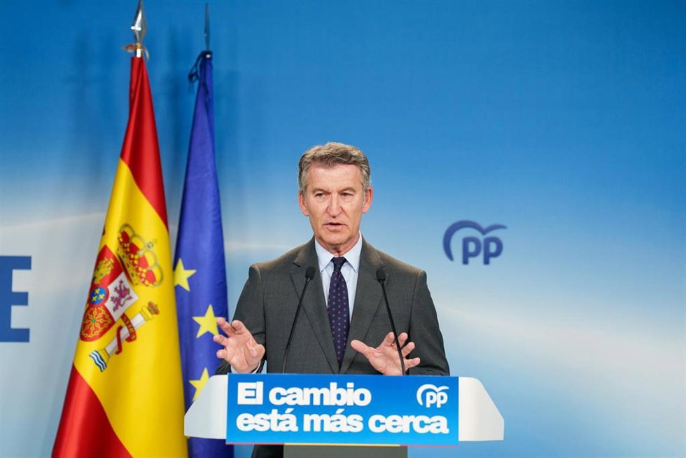 El presidente del Partido Popular, Alberto Núñez Feijóo, durante una rueda de prensa, en la sede del PP, a 22 de junio de 2026, en Madrid (España). 