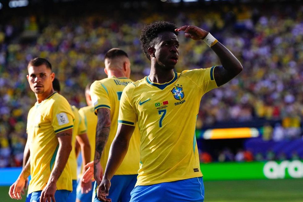 El delantero brasileño Vinícius Júnior celebra un gol en el Mundial 2026 ante Marruecos.